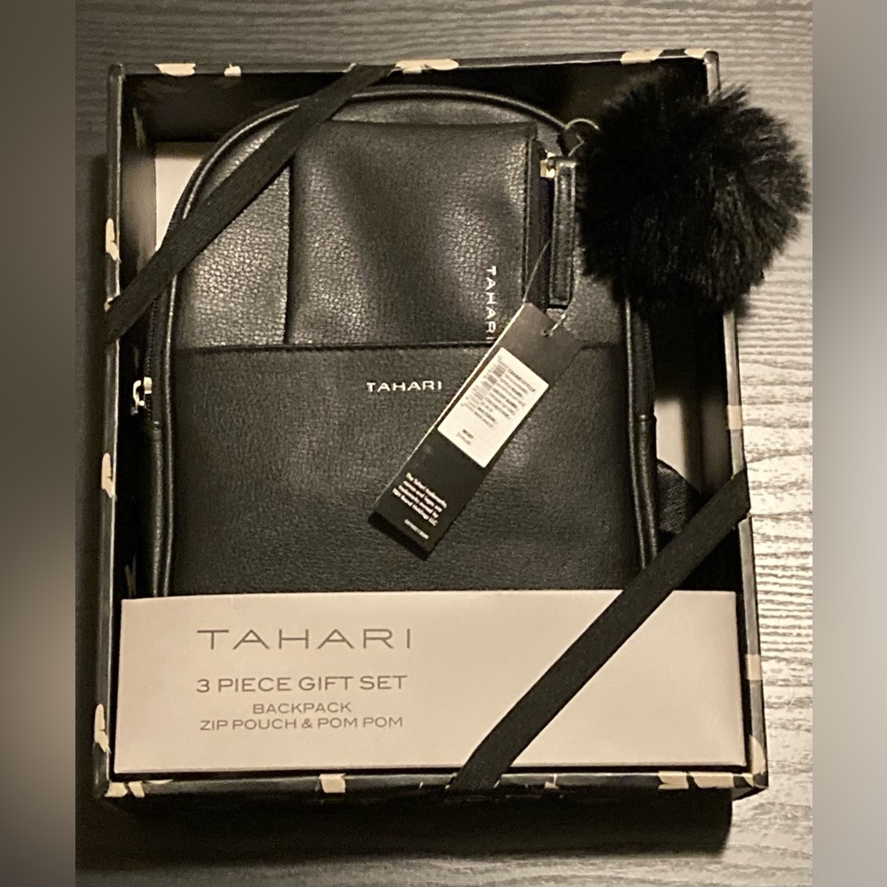 New Tahari Vegan Leather 3 Piece gift Set Backpack, Zip Pouch and Pom Pom